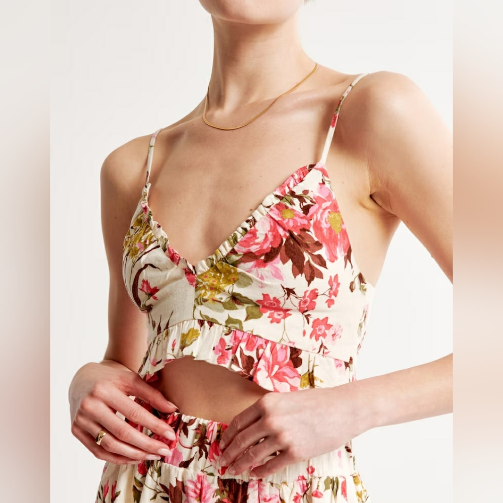 NWT Abercrombie & Fitch Linen Blend Ruffle Set Top Pink Floral Sz Small